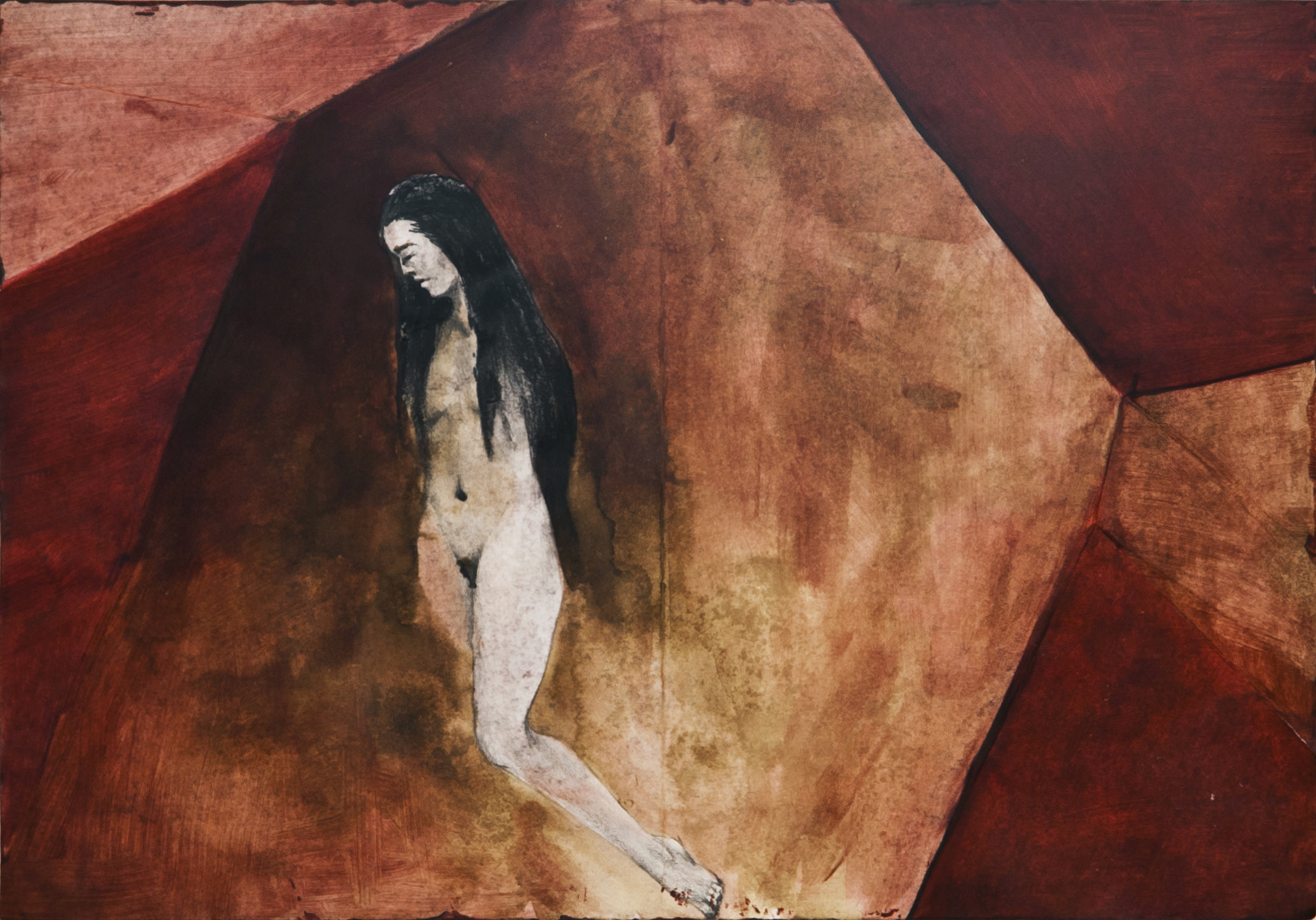 Ella dibujo de mujer desnuda sobre fondo abstracto rojo